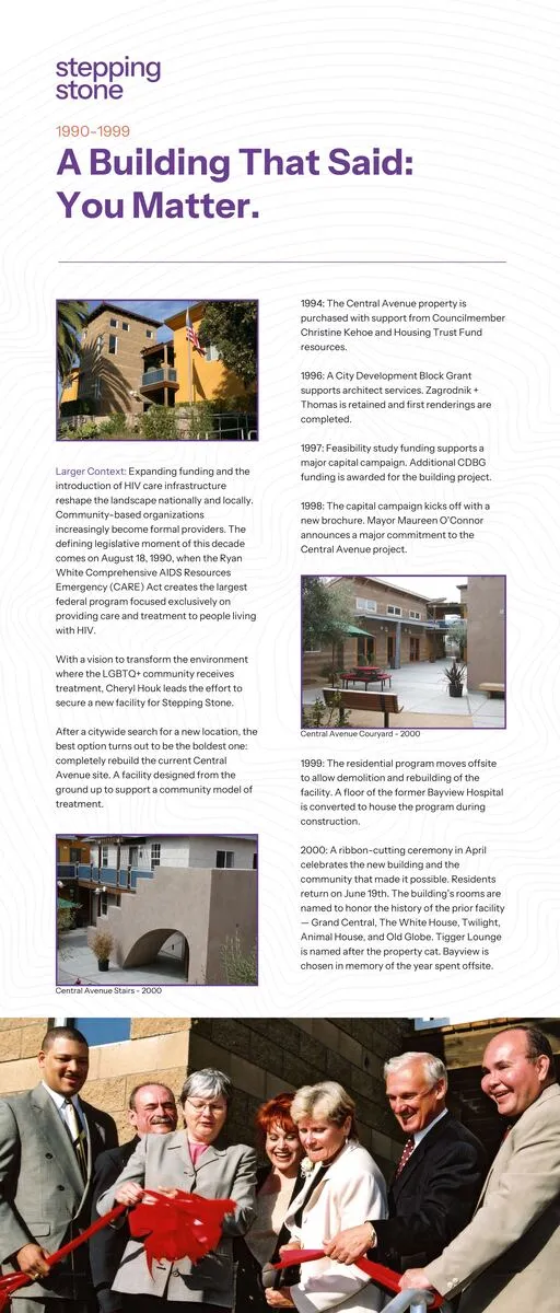 Exhibit panel three: A Building That Said You Matter, 1990–1999, with photos of the Central Avenue courtyard and stairs in 2000